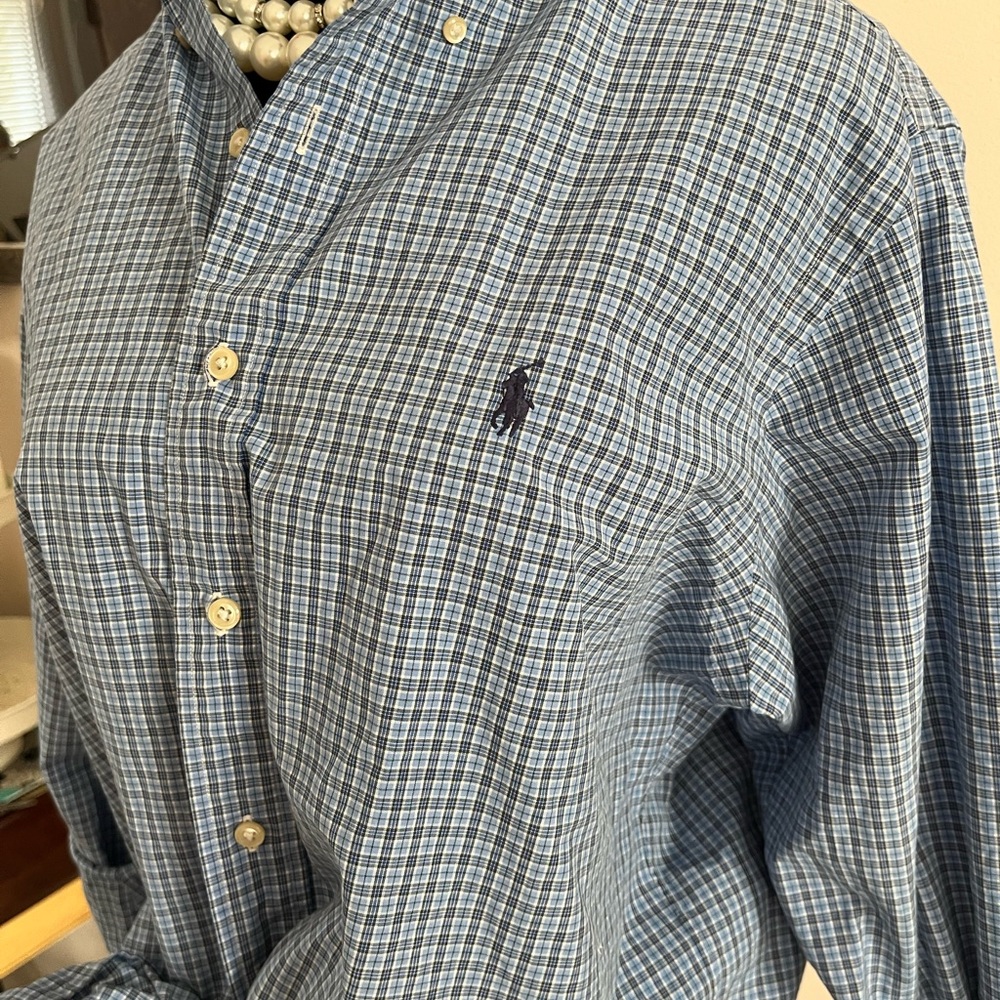 Upcycled Ralph Lauren Blue and White Plaid Button-Up Shirt - Picture 5 of 5